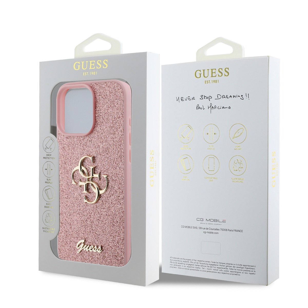 Guess PU Fixed Glitter 4G Metal Logo Zadní Kryt pro iPhone 16 Pro Pink