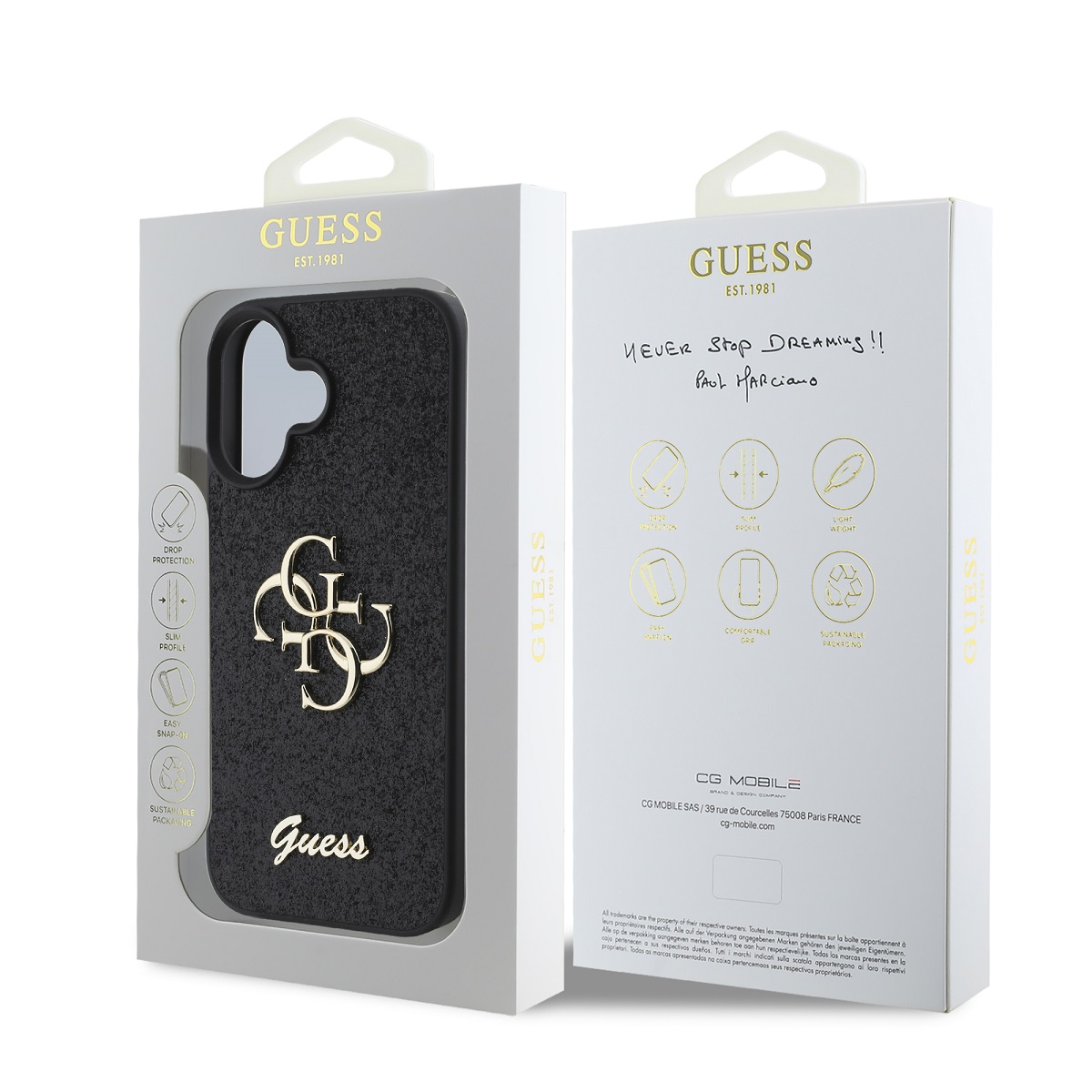 Guess PU Fixed Glitter 4G Metal Logo Zadní Kryt pro iPhone 16 Black