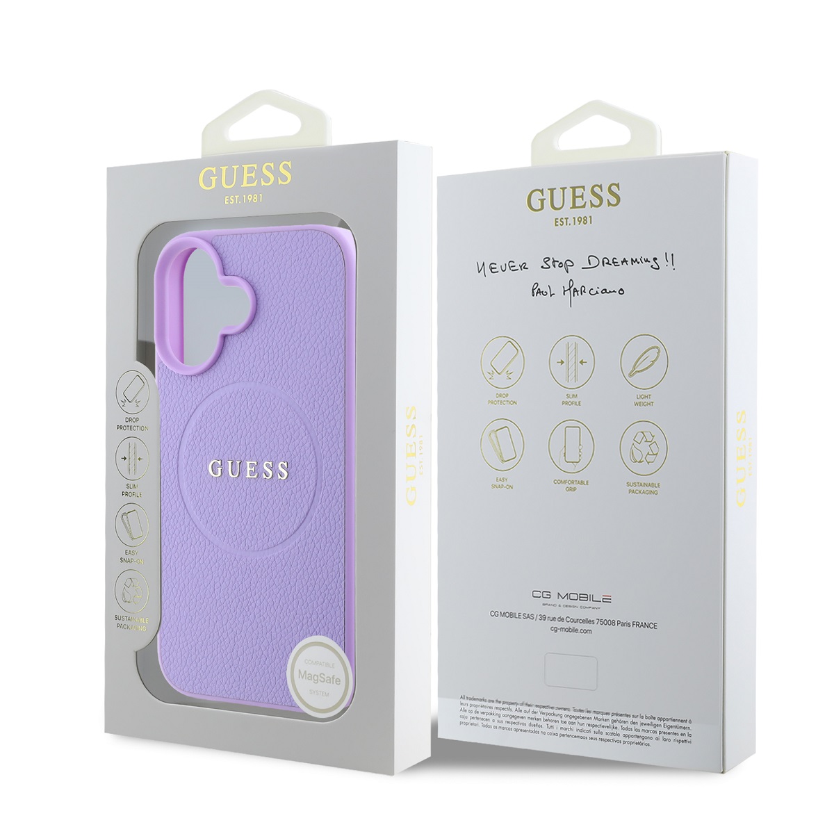 Guess PU Grained Classic Logo MagSafe Zadní Kryt pro iPhone 16 Purple