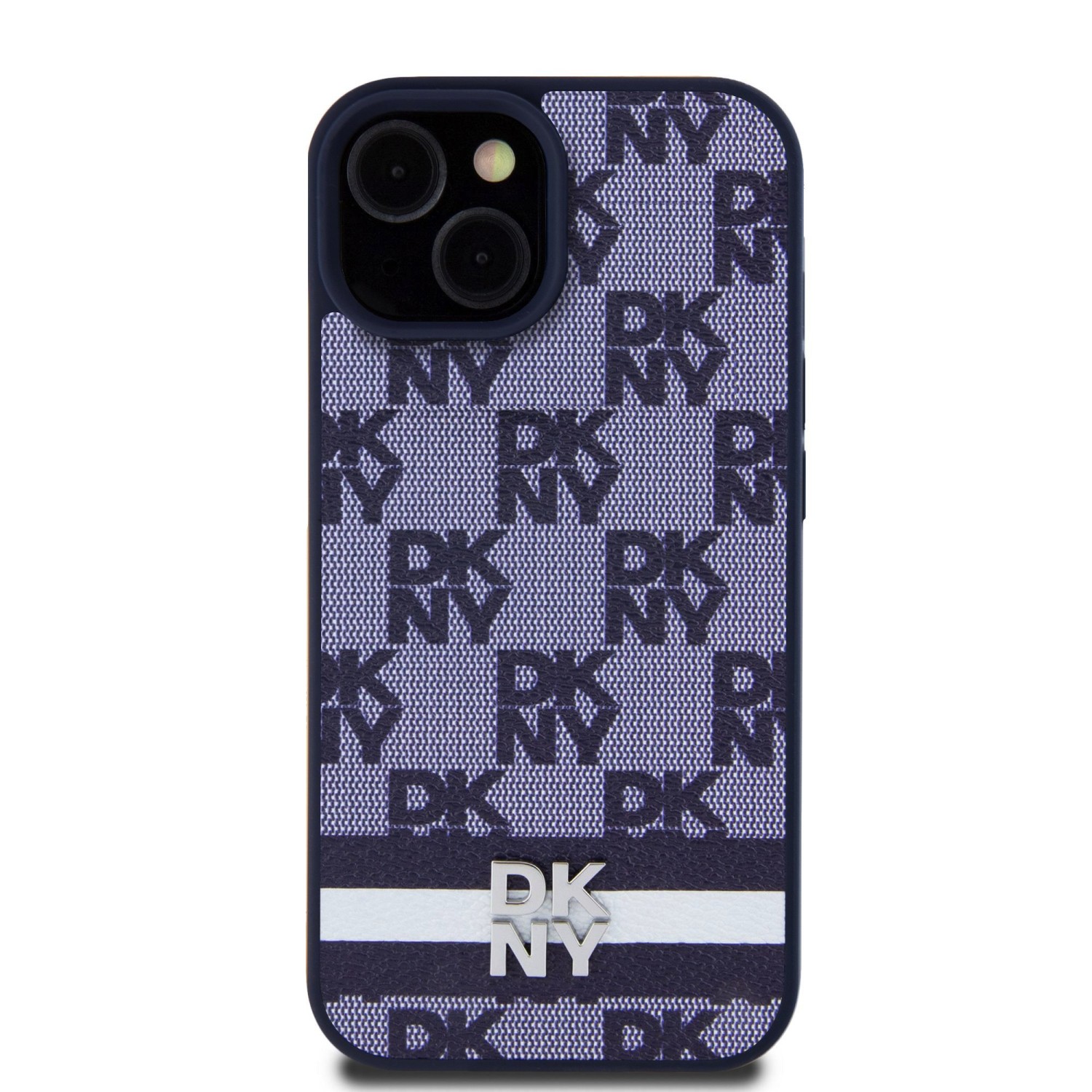 DKNY PU Leather Checkered Pattern and Stripe Zadní Kryt pro iPhone 15 Blue