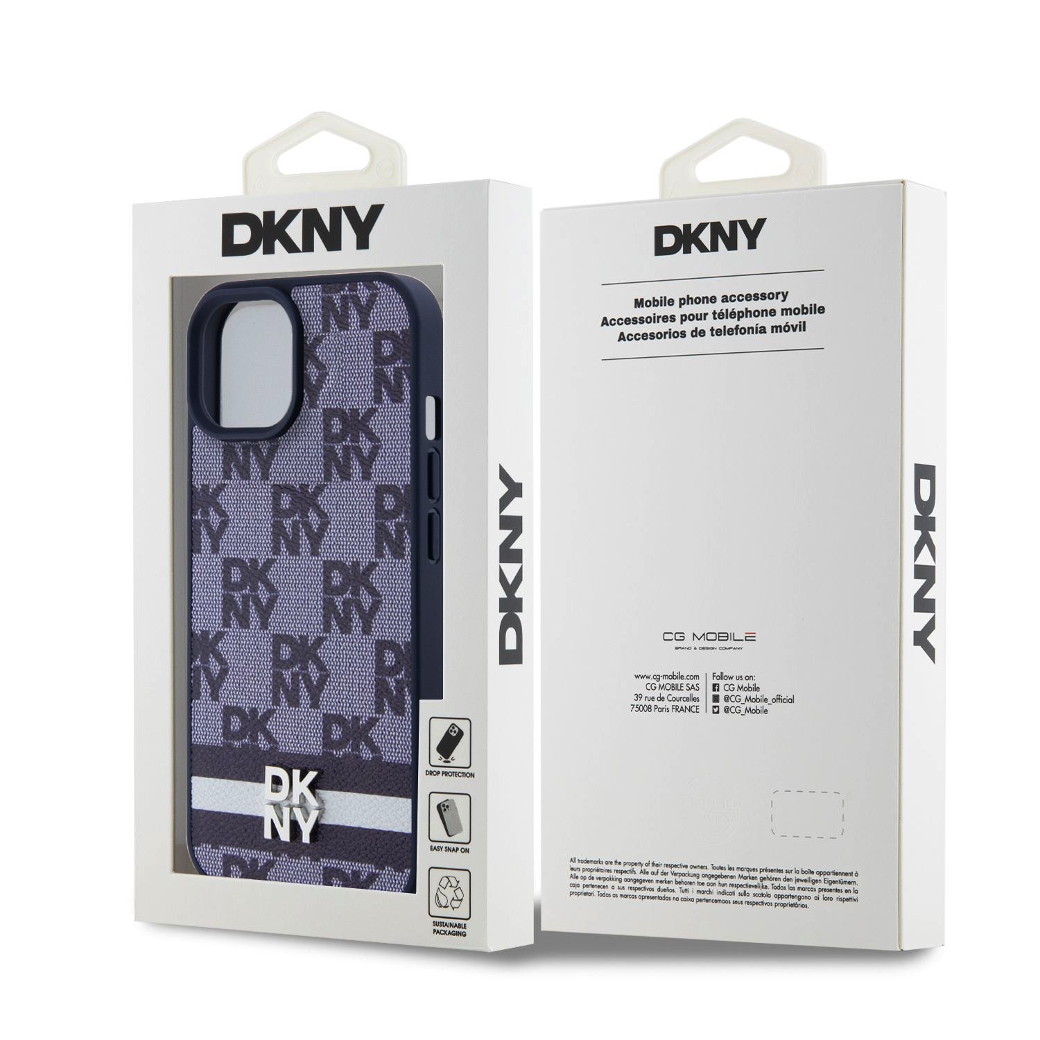 DKNY PU Leather Checkered Pattern and Stripe Zadní Kryt pro iPhone 15 Blue