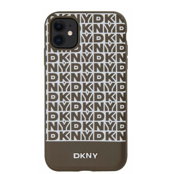 DKNY PU Leather Repeat Pattern Bottom Stripe MagSafe Zadní Kryt pro iPhone 11 Brown