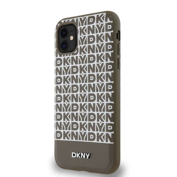 DKNY PU Leather Repeat Pattern Bottom Stripe MagSafe Zadní Kryt pro iPhone 11 Brown