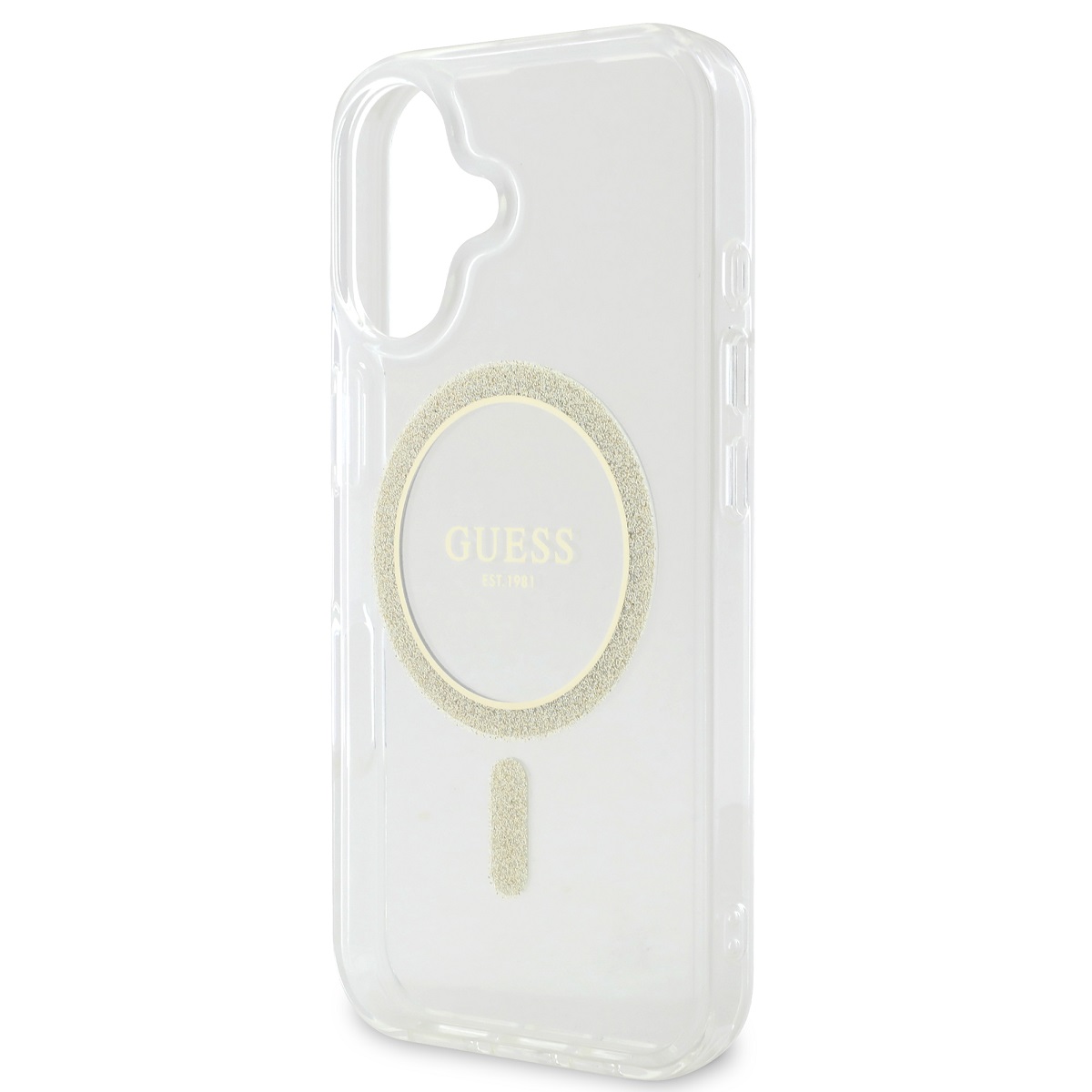 Guess IML Glitter Ring MagSafe Zadní Kryt pro iPhone 16 Transparent