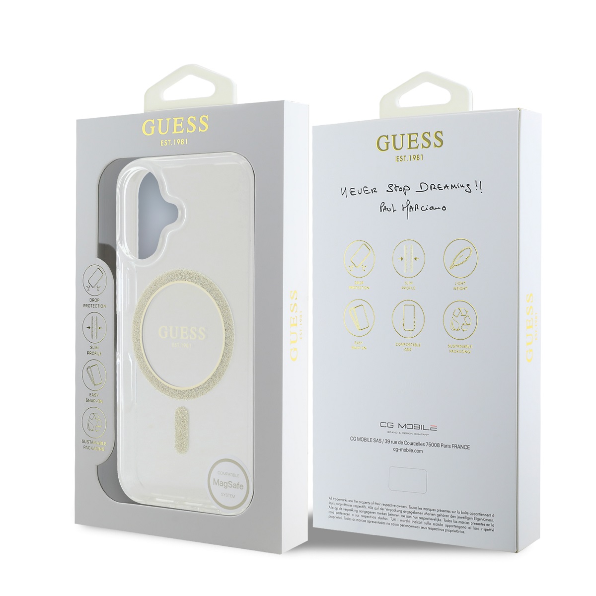 Guess IML Glitter Ring MagSafe Zadní Kryt pro iPhone 16 Transparent