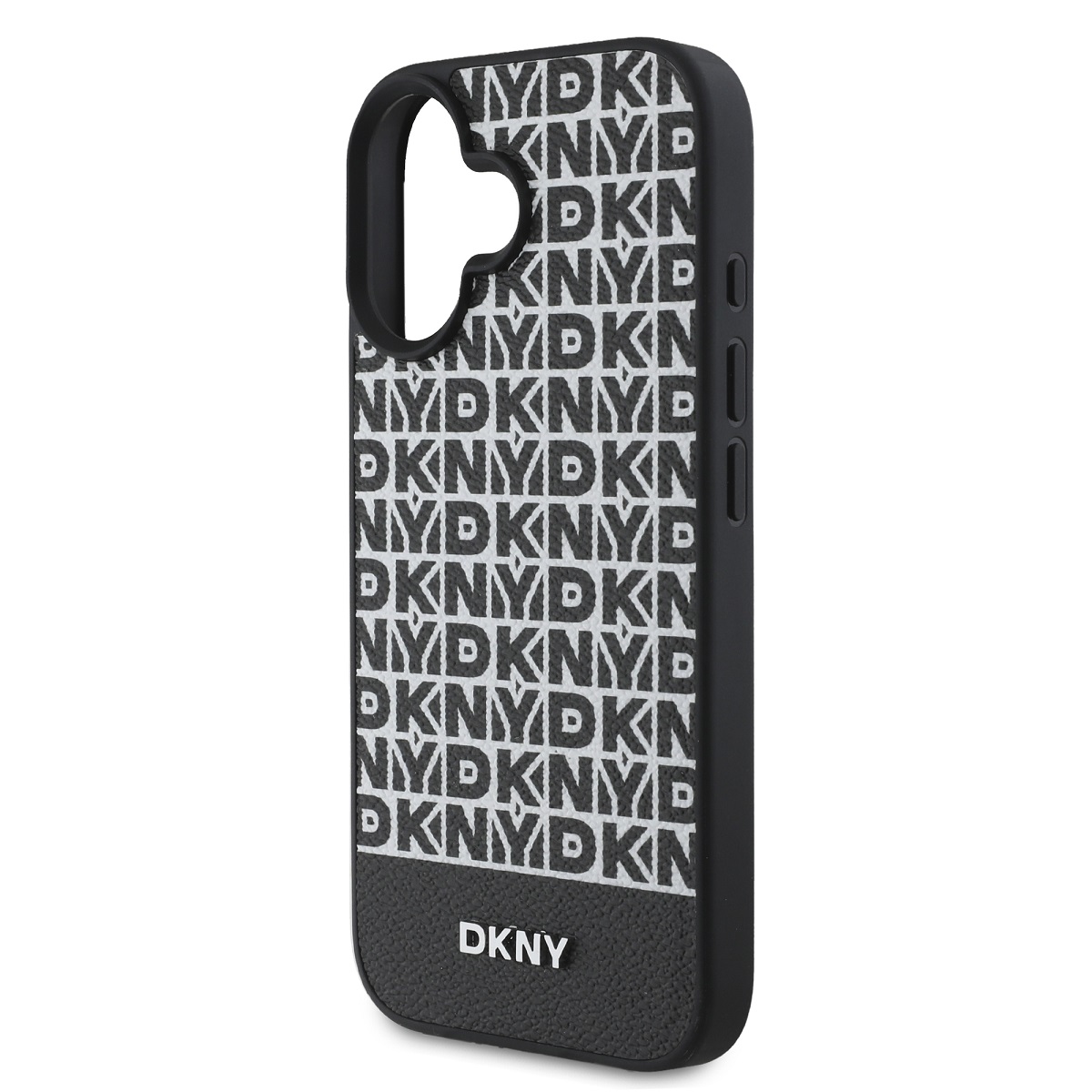 DKNY PU Leather Repeat Pattern Bottom Stripe MagSafe Zadní Kryt pro iPhone 16 Plus Black