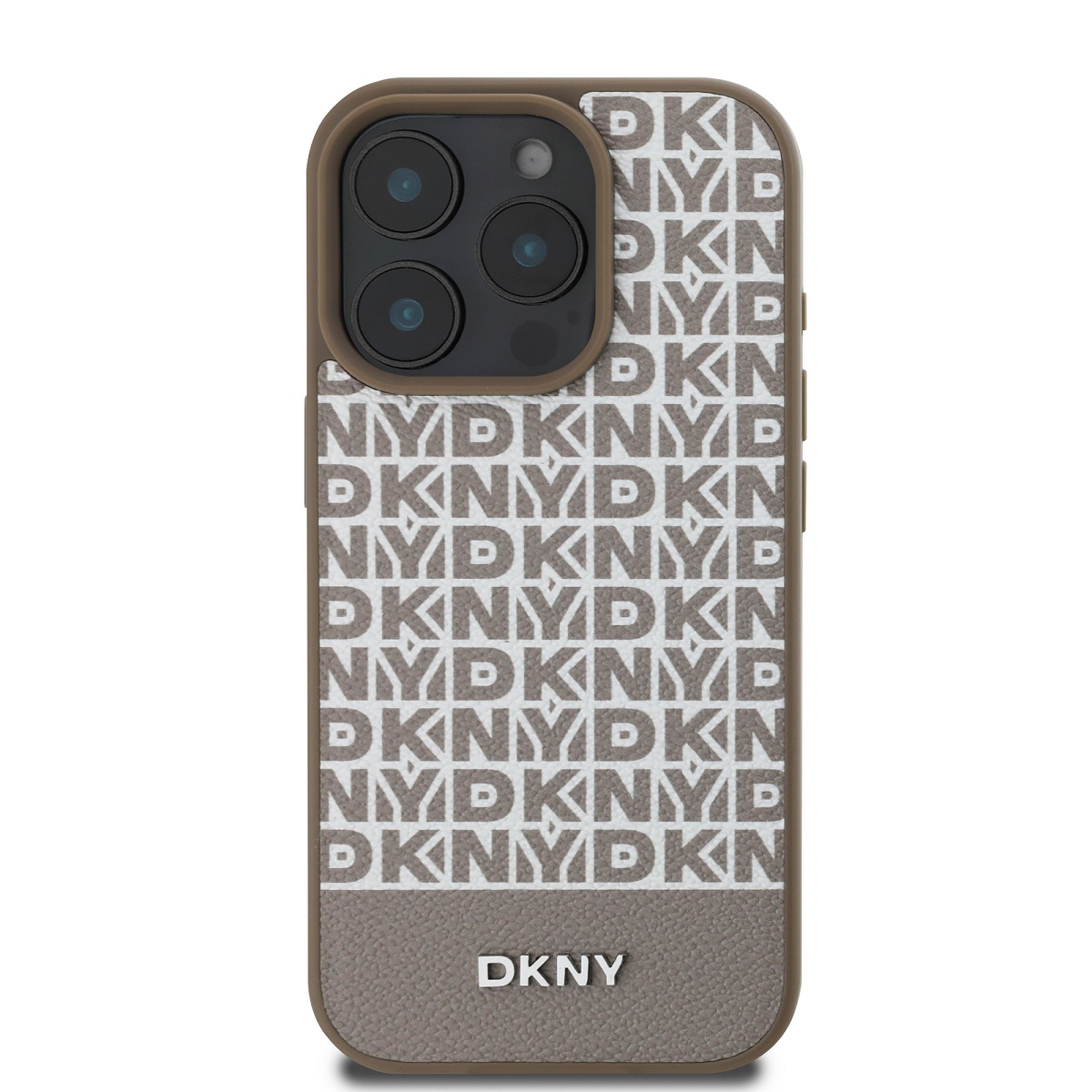 DKNY PU Leather Repeat Pattern Bottom Stripe MagSafe Zadní Kryt pro iPhone 16 Pro Max Brown