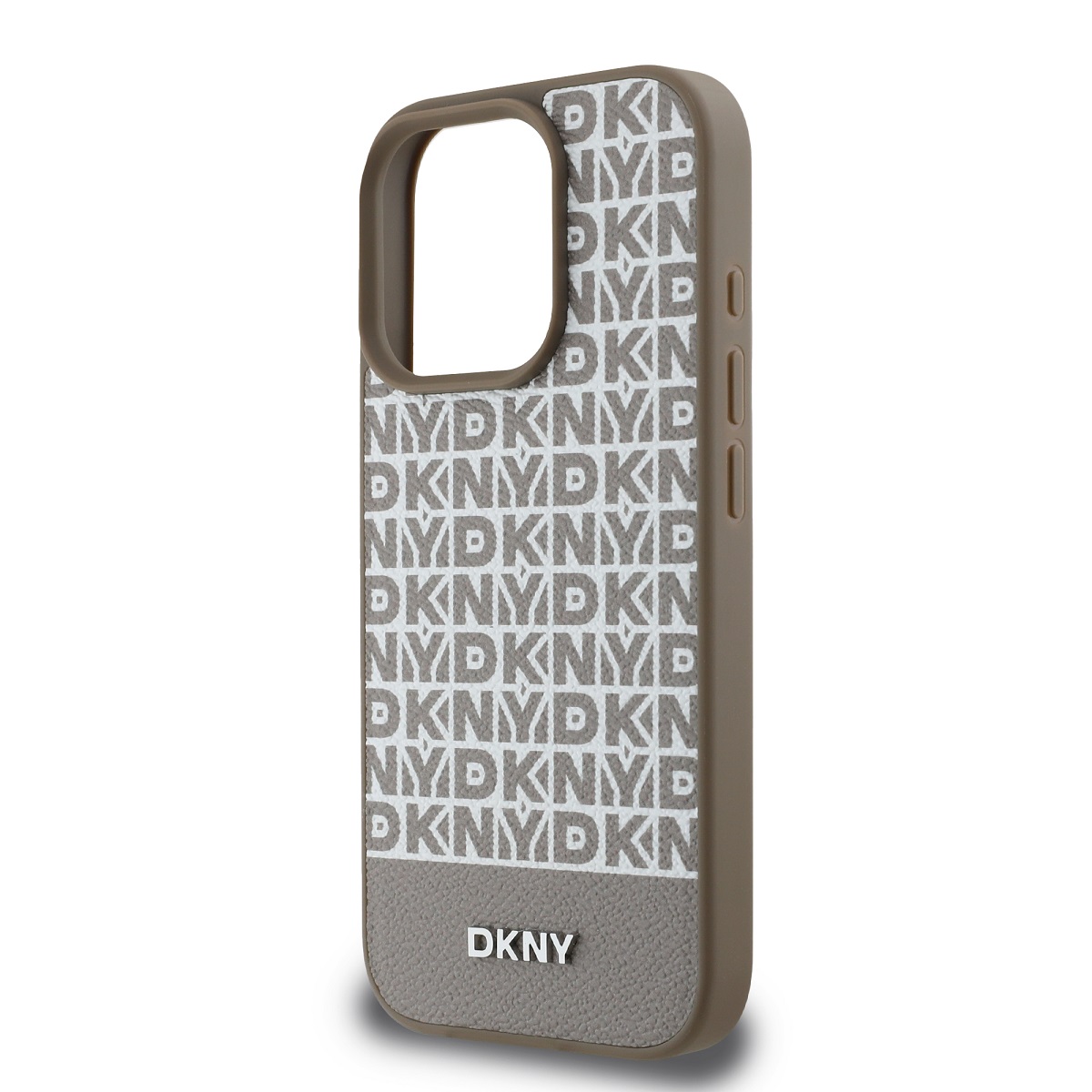 DKNY PU Leather Repeat Pattern Bottom Stripe MagSafe Zadní Kryt pro iPhone 16 Pro Max Brown