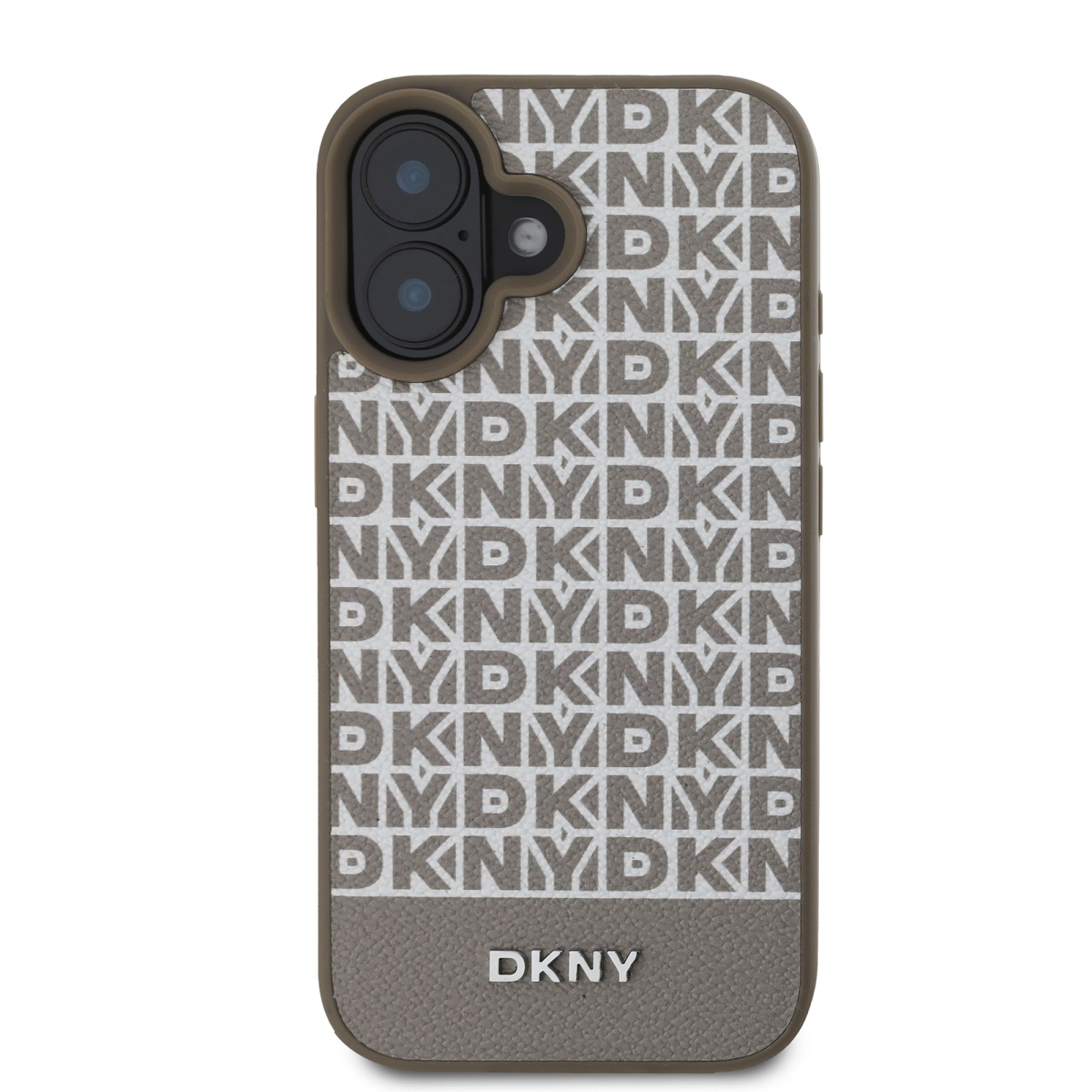 DKNY PU Leather Repeat Pattern Bottom Stripe MagSafe Zadní Kryt pro iPhone 16 Brown