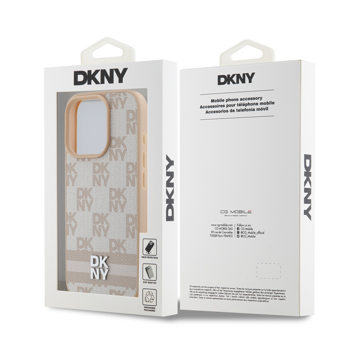 DKNY PU Leather Checkered Pattern and Stripe Zadní Kryt pro iPhone 16 Pro Pink