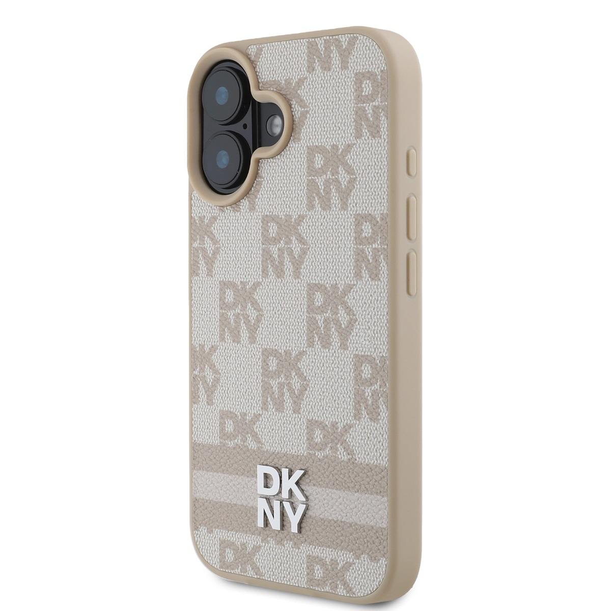 DKNY PU Leather Checkered Pattern and Stripe Zadní Kryt pro iPhone 16 Pink