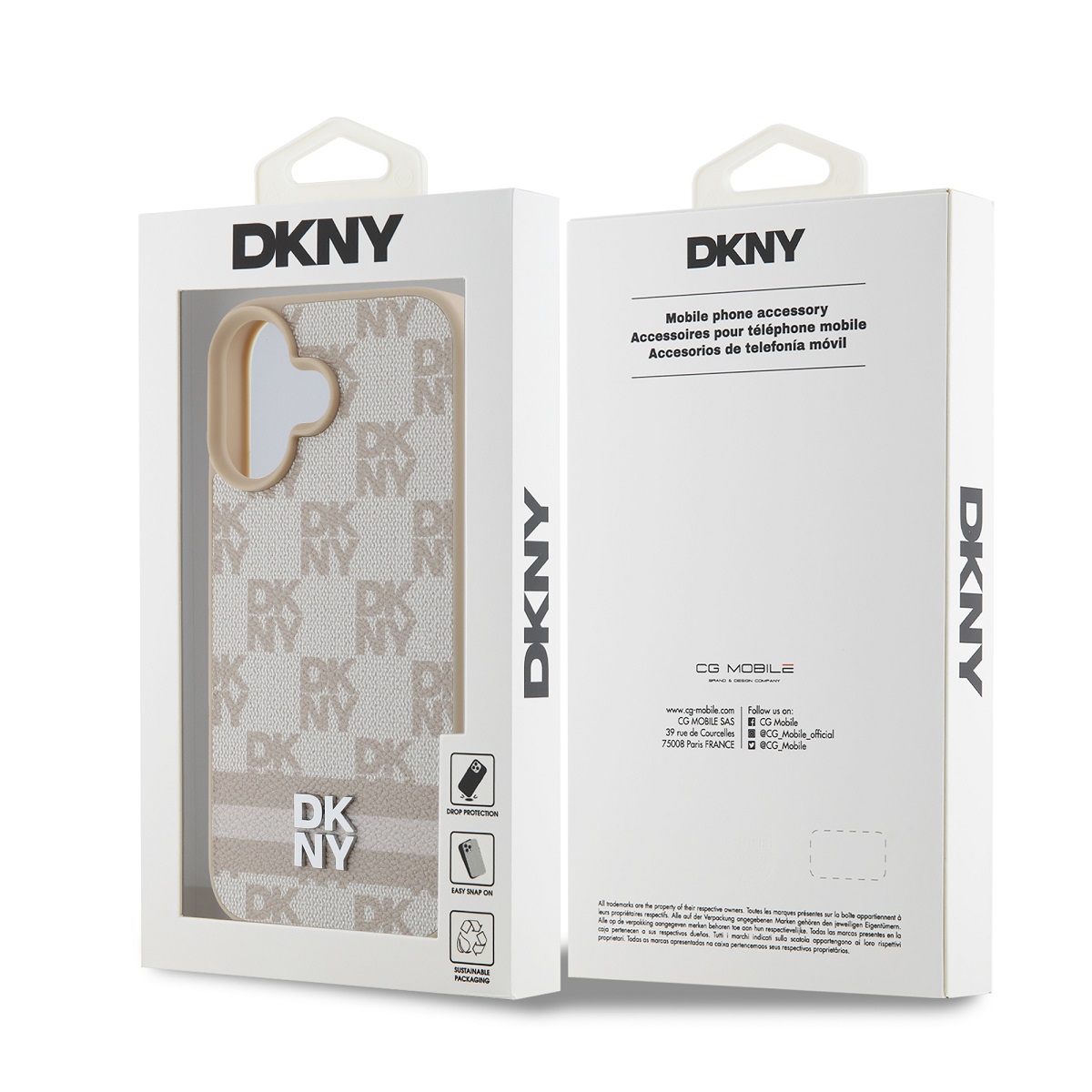 DKNY PU Leather Checkered Pattern and Stripe Zadní Kryt pro iPhone 16 Pink