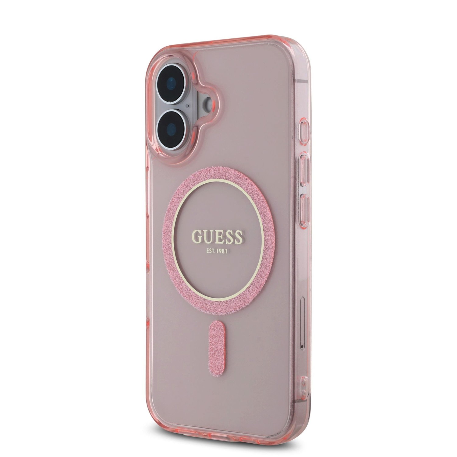 Guess IML Glitter Ring MagSafe Zadní Kryt pro iPhone 16 Pink