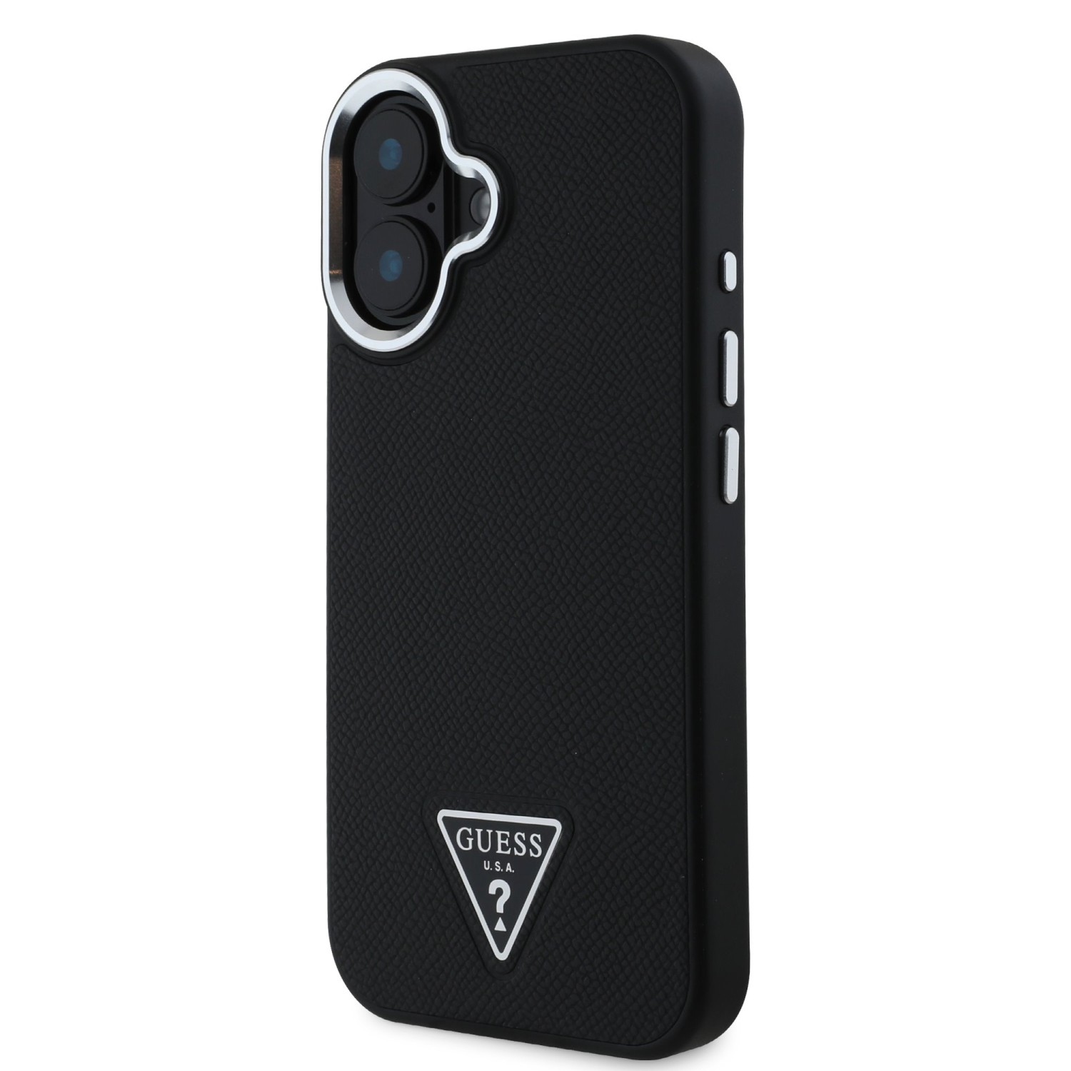 Guess PU Grained Triangle Logo Zadní Kryt pro iPhone 16 Black