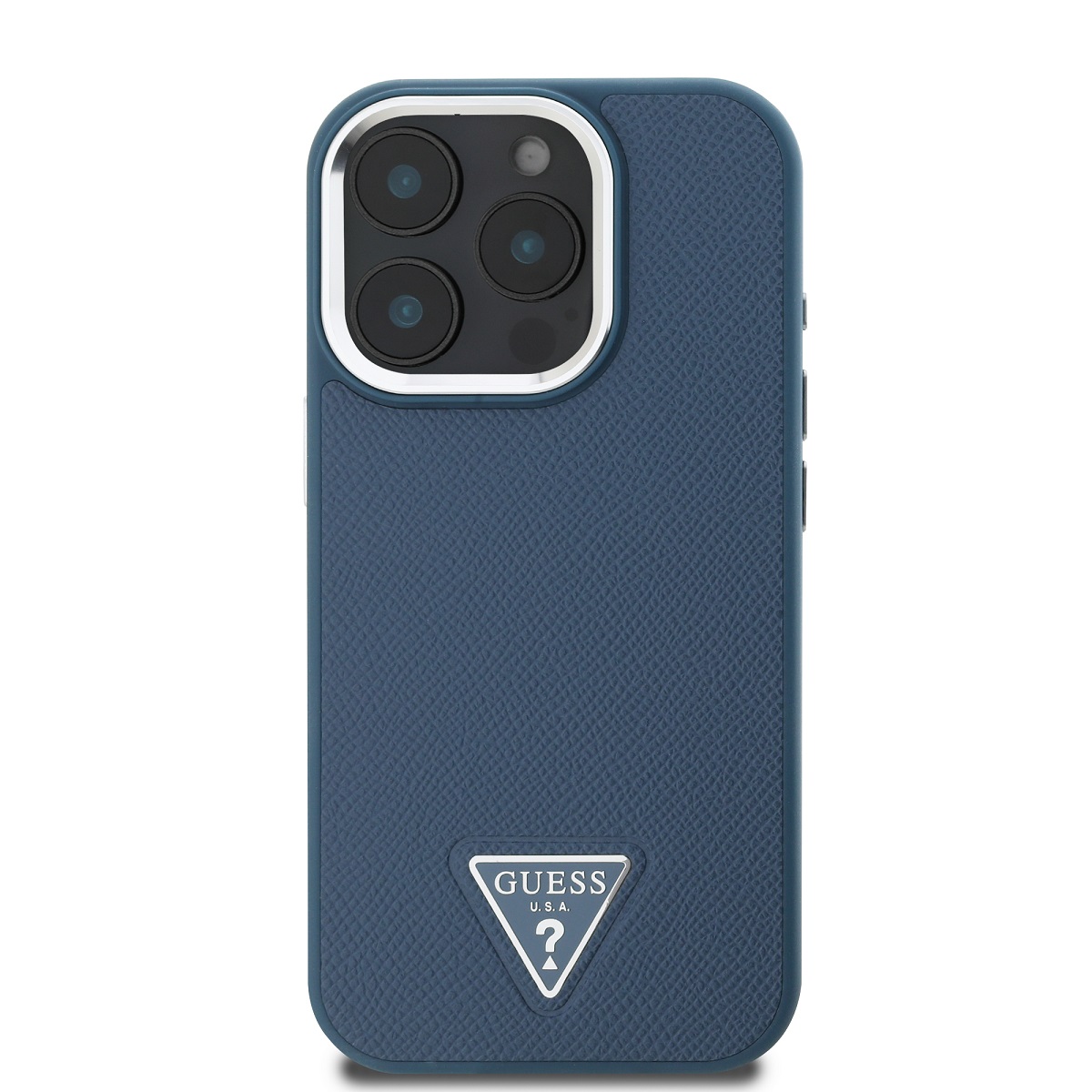 Guess PU Grained Triangle Logo Zadní Kryt pro iPhone 16 Pro Max Blue