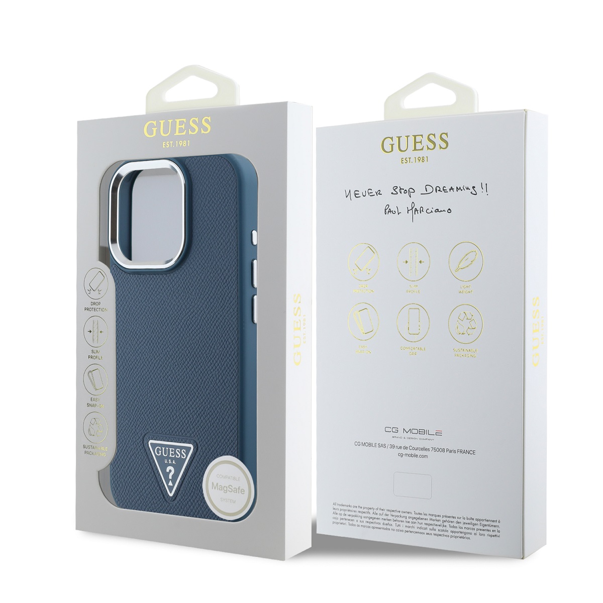 Guess PU Grained Triangle Logo Zadní Kryt pro iPhone 16 Pro Max Blue