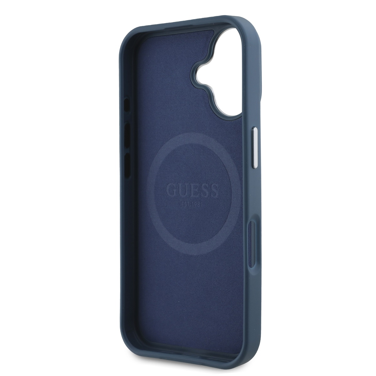 Guess PU Grained Triangle Logo Zadní Kryt pro iPhone 16 Blue