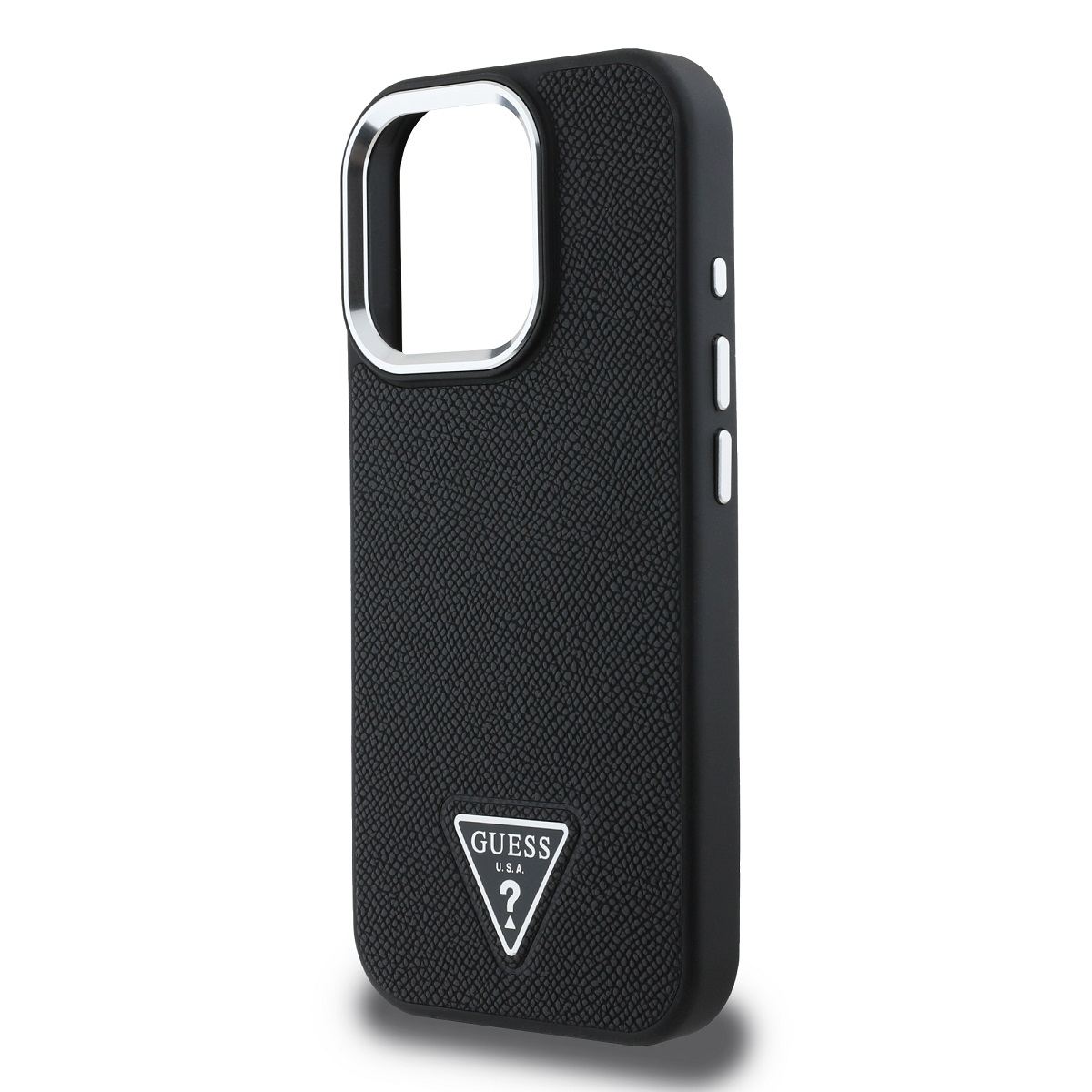 Guess PU Grained Triangle Logo Zadní Kryt pro iPhone 16 Pro Black