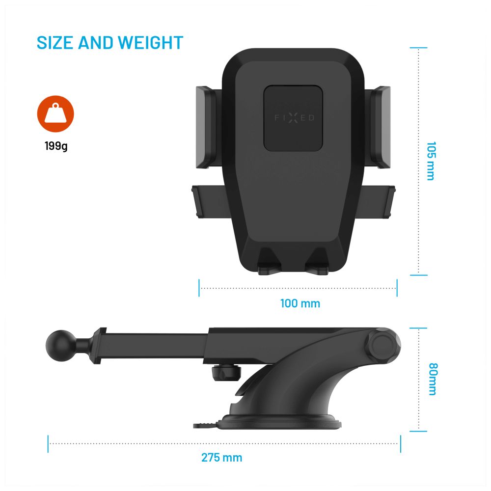 Univerzální držák do auta FIXED Iconiq XXL s dlouhou přísavkou na sklo nebo na palubní desku, černý