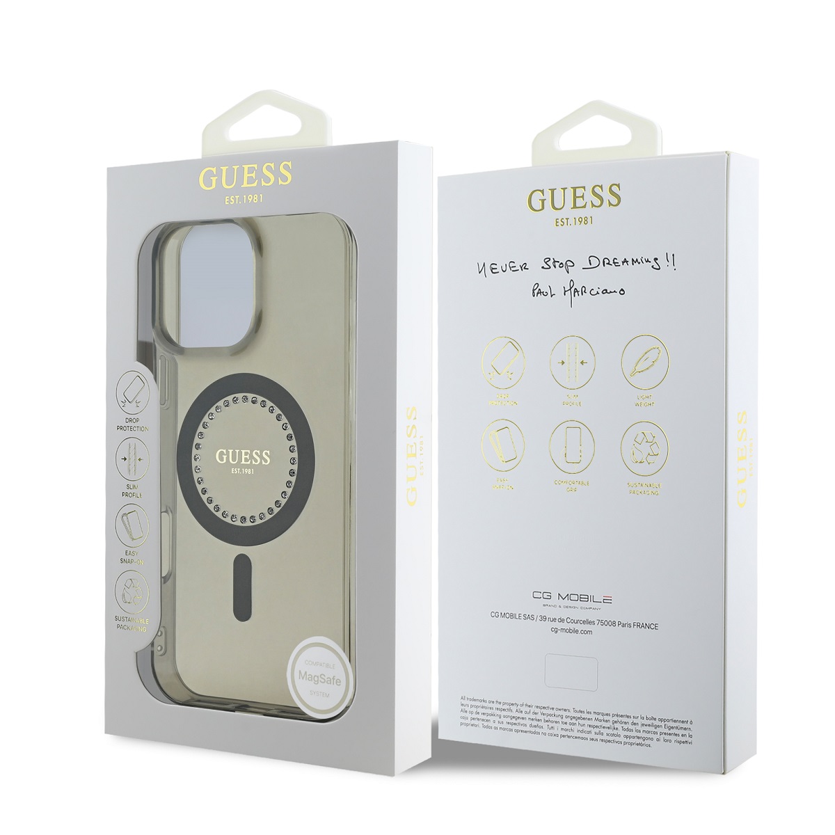 Guess IML Rhinestones Ring MagSafe Zadní Kryt pro iPhone 16 Pro Black