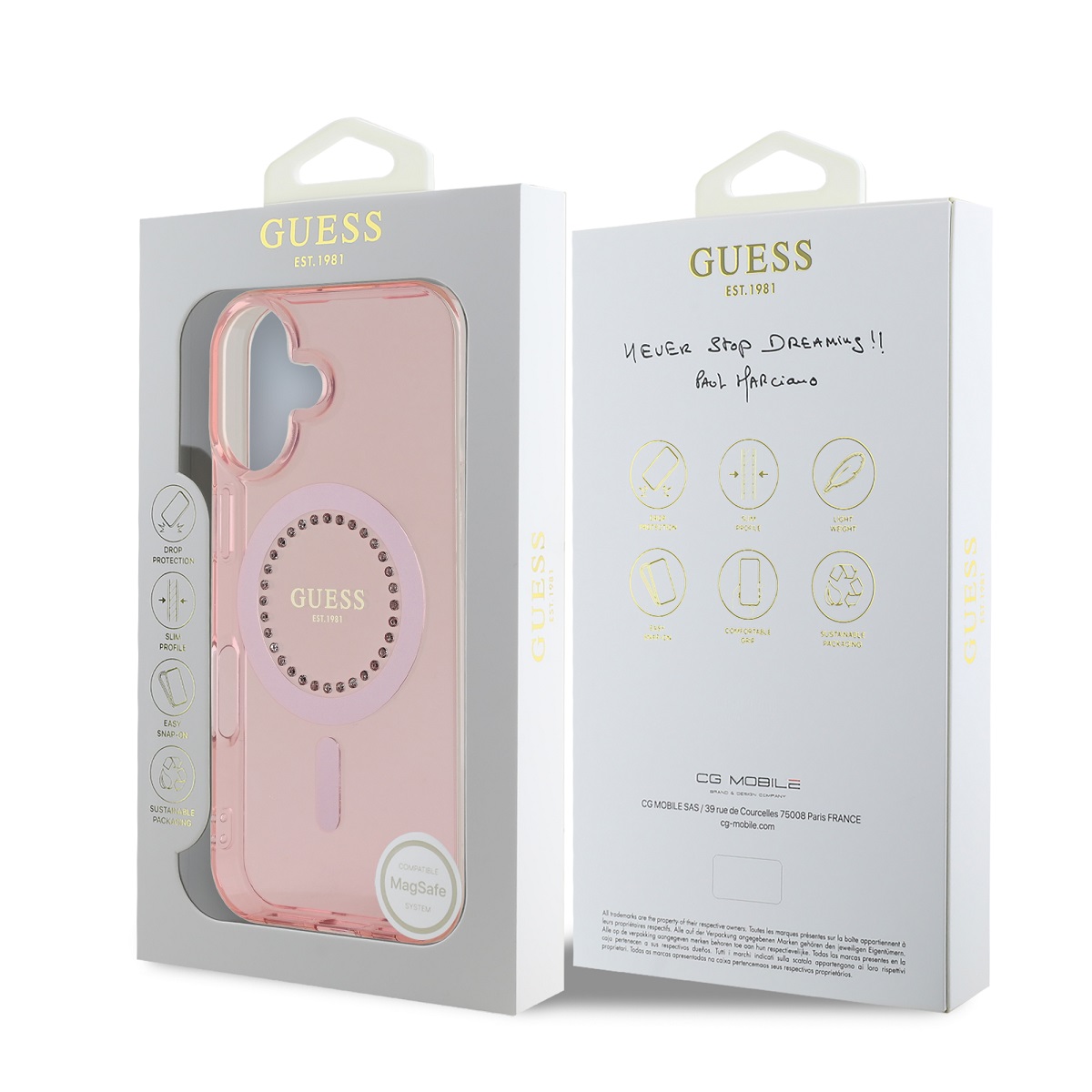 Guess IML Rhinestones Ring MagSafe Zadní Kryt pro iPhone 16 Pink