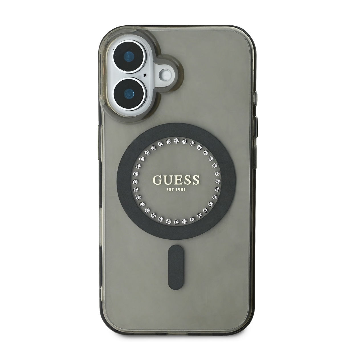 Guess IML Rhinestones Ring MagSafe Zadní Kryt pro iPhone 16 Black