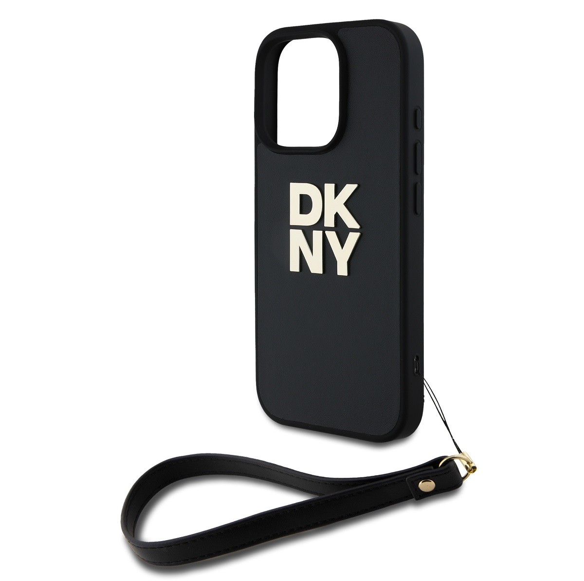 DKNY PU Leather Stack Logo Wrist Strap Zadní Kryt pro iPhone 16 Pro Black