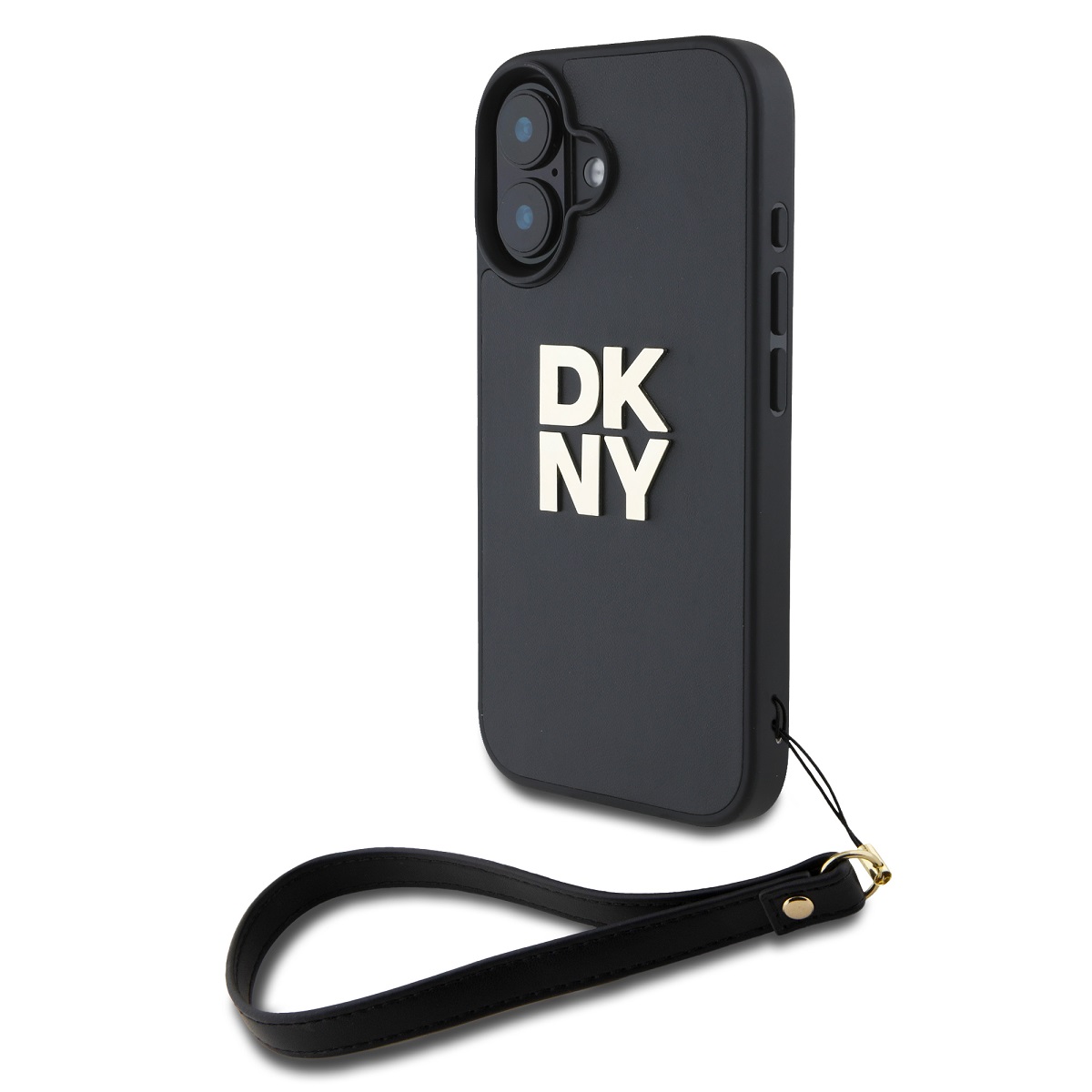 DKNY PU Leather Stack Logo Wrist Strap Zadní Kryt pro iPhone 16 Black