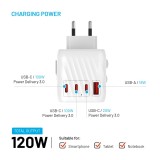 Cestovní adaptér FIXED Voyager 120W pro EU, UK a USA/AUS, s 3xUSB-C a 1xUSB výstupem, GaN, PD 120W, bílý