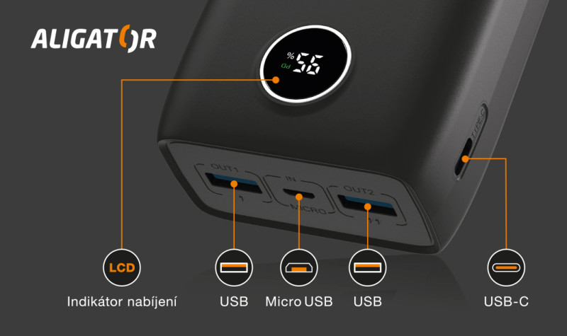 Aligator Power Delivery 20W, 30 000 mAh, černá