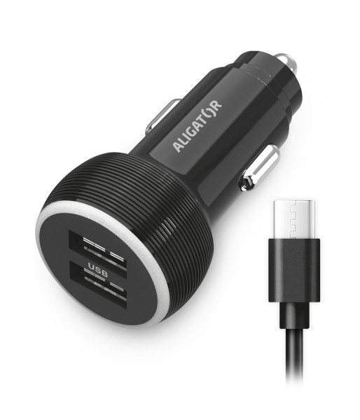 Nabíječka do auta Aligator s USB-C kabelem a 2xUSB výstupem 2.4A, černá