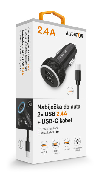 Nabíječka do auta Aligator s USB-C kabelem a 2xUSB výstupem 2.4A, černá