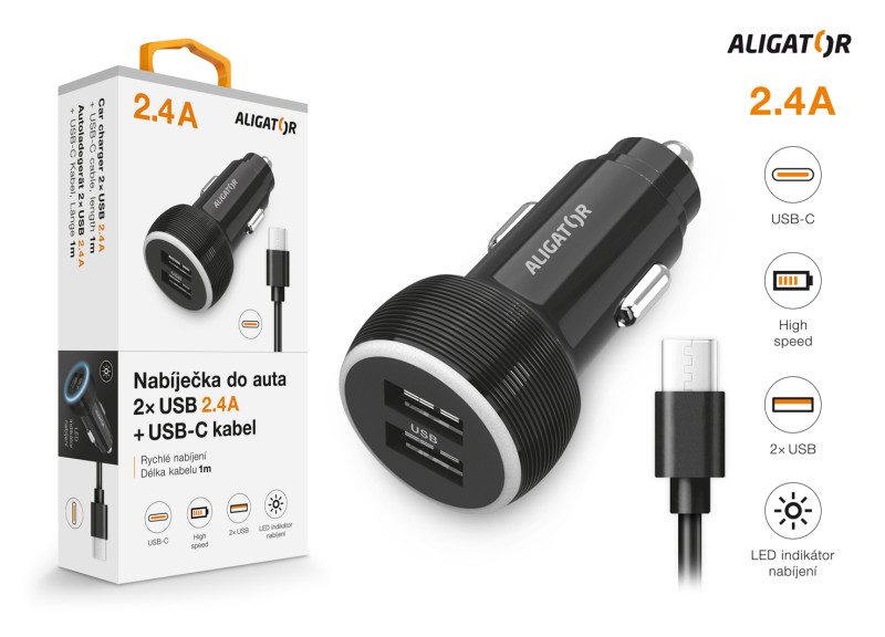 Nabíječka do auta ALIGATOR s USB-C kabelem a 2xUSB výstupem 2.4A, černá