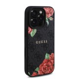 Guess PU Leather 4G Roses MagSafe Zadní Kryt pro iPhone 16 Pro Black