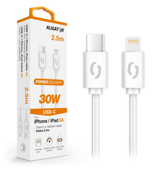 Datový kabel ALIGATOR POWER 30W, USB-C/Lightning 3A, 2,5m bílý