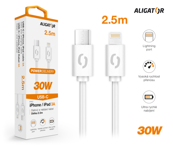 Datový kabel ALIGATOR POWER 30W, USB-C/Lightning 3A, 2,5m bílý