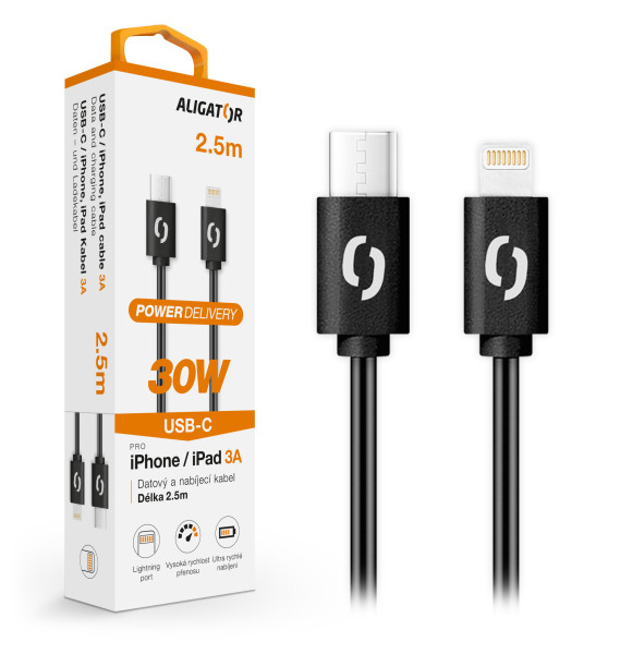 Datový kabel ALIGATOR POWER 30W, USB-C/Lightning 3A, 2,5m černý