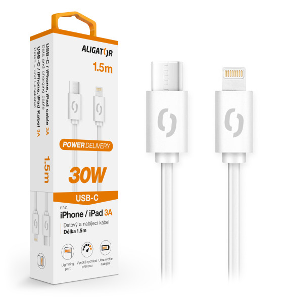 Datový kabel Aligator Power 30W, USB-C/Lightning 3A 1,5m, bílá