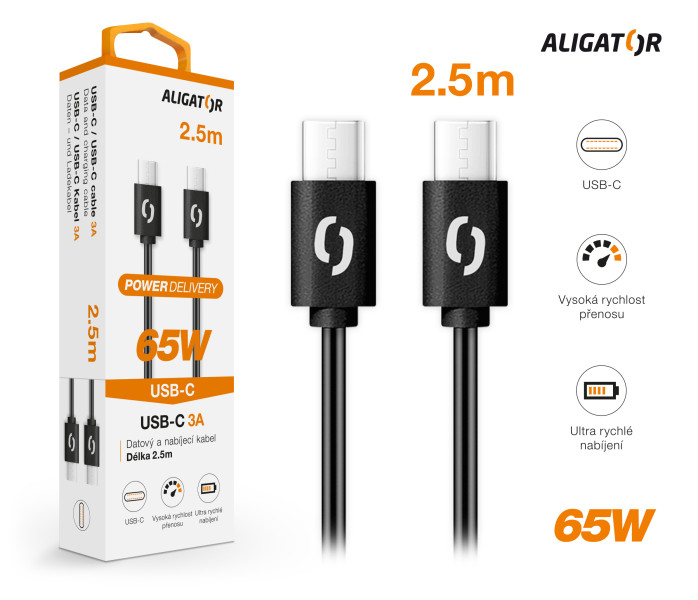 Datový kabel ALIGATOR POWER 65W, USB-C/USB-C 3A, 2,5m černý