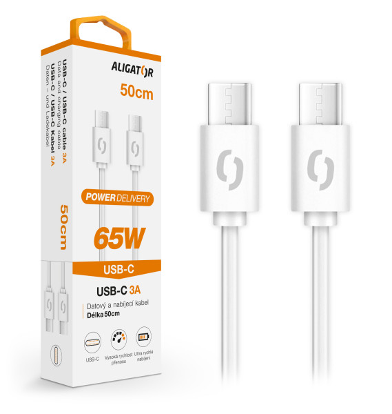 Datový kabel ALIGATOR POWER 65W, USB-C/USB-C 3A, 0,5m bílý