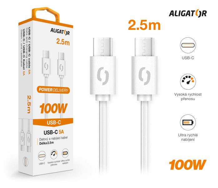 Datový kabel ALIGATOR POWER 100W, USB-C/USB-C 5A, 2,5m bílý