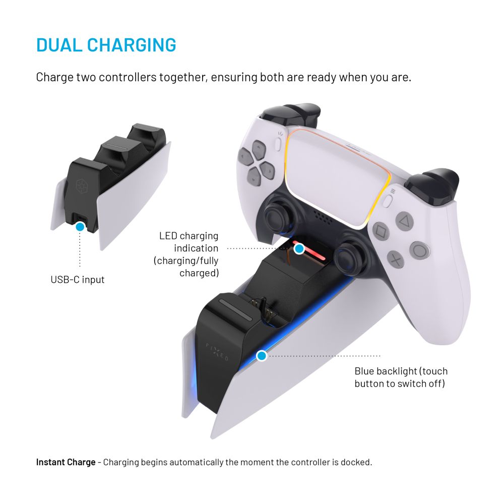 Dobíjecí stanice FIXED pro dva bezdrátové ovladače DualSense PlayStation 5, černá / bílá