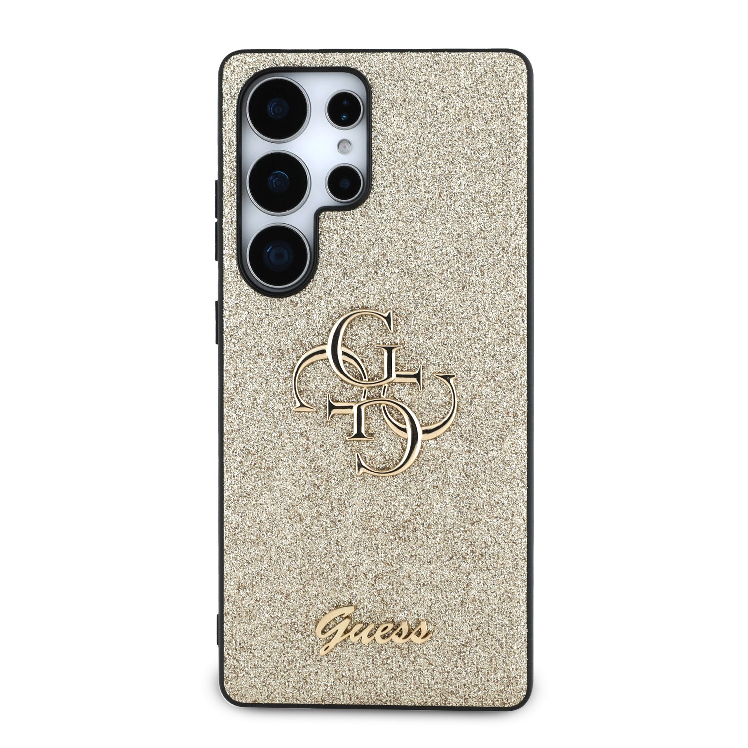 Guess PU Fixed Glitter 4G Metal Logo Zadní Kryt pro Samsung Galaxy S25 Ultra Gold