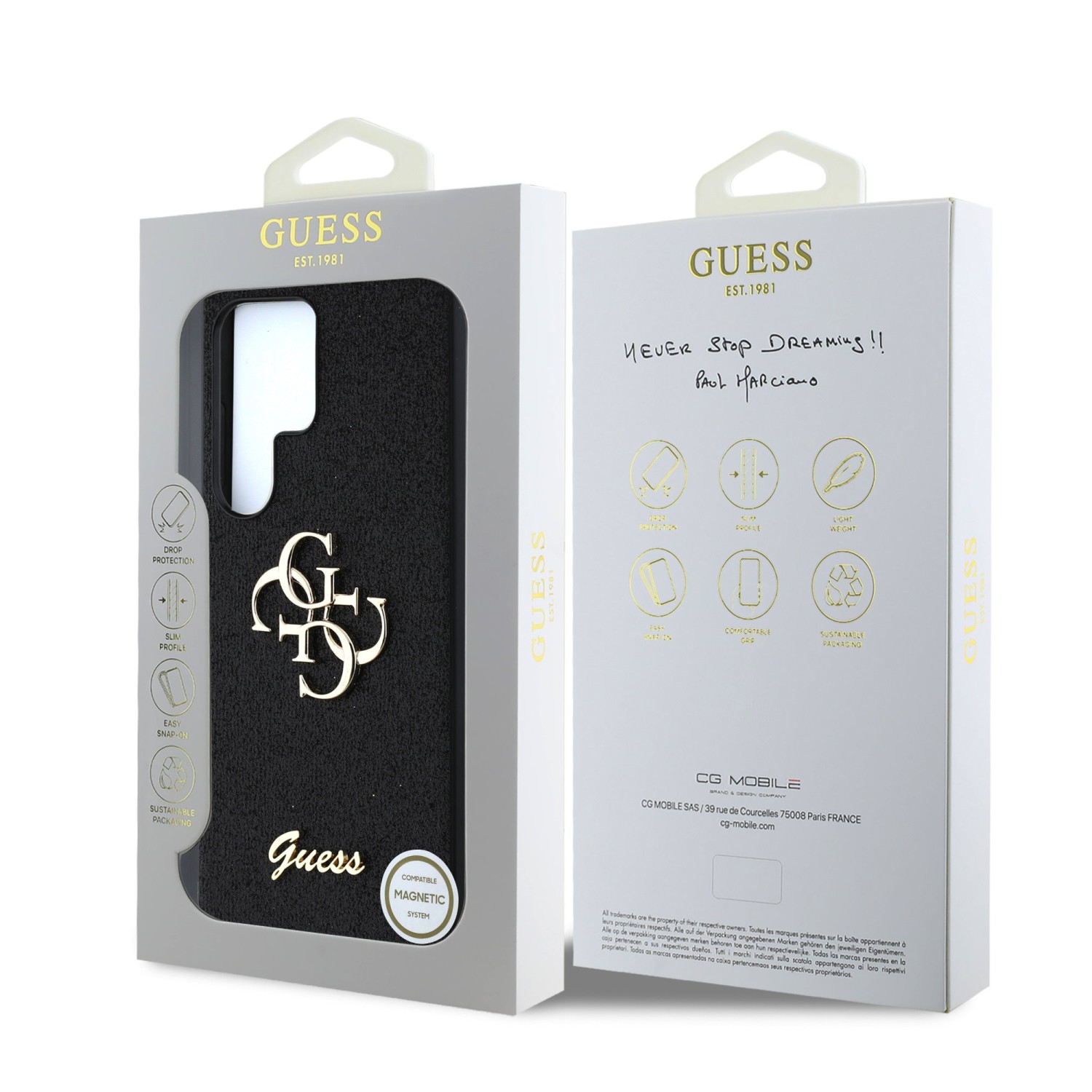 Guess PU Fixed Glitter 4G Metal Logo Zadní Kryt pro Samsung Galaxy S25 Ultra Black