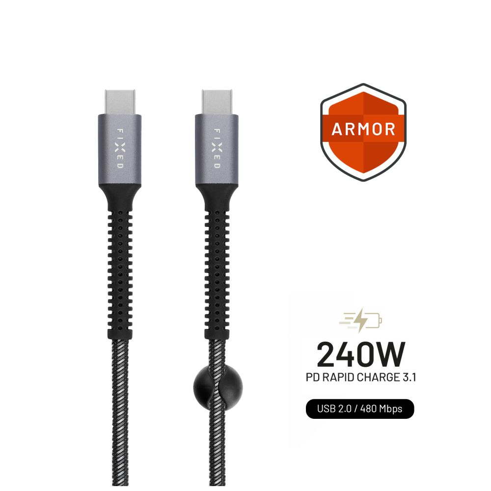 Nabíjecí a datový odolný kabel FIXED Armor, USB-C/USB-C, podpora PD, 1.2 m, USB 2.0, 240W, šedá