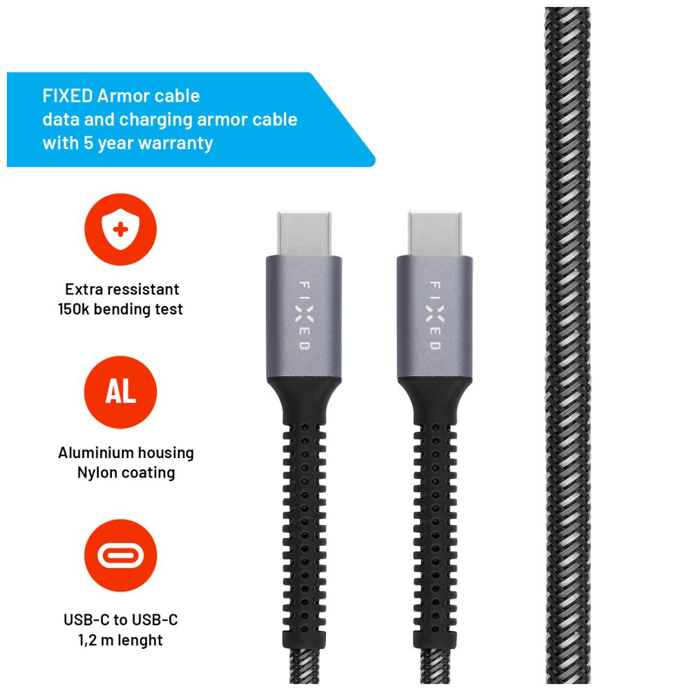 Nabíjecí a datový odolný kabel FIXED Armor, USB-C/USB-C, podpora PD, 1.2 m, USB 2.0, 240W, šedá