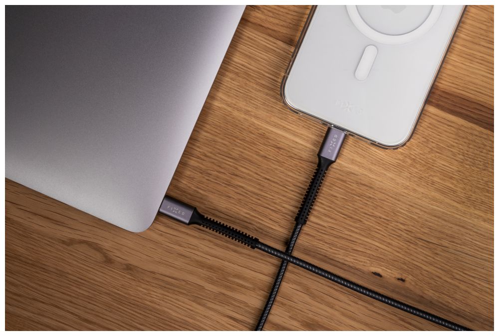 Nabíjecí a datový odolný kabel FIXED Armor, USB-C/USB-C, podpora PD, 1.2 m, USB 2.0, 240W, šedá