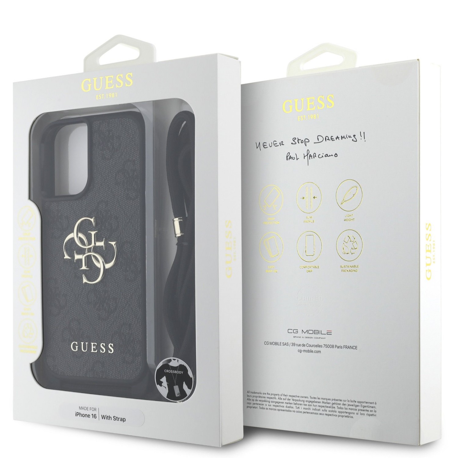 Guess PU 4G Metal Logo Crossbody Popruh Zadní Kryt pro iPhone 16 Black