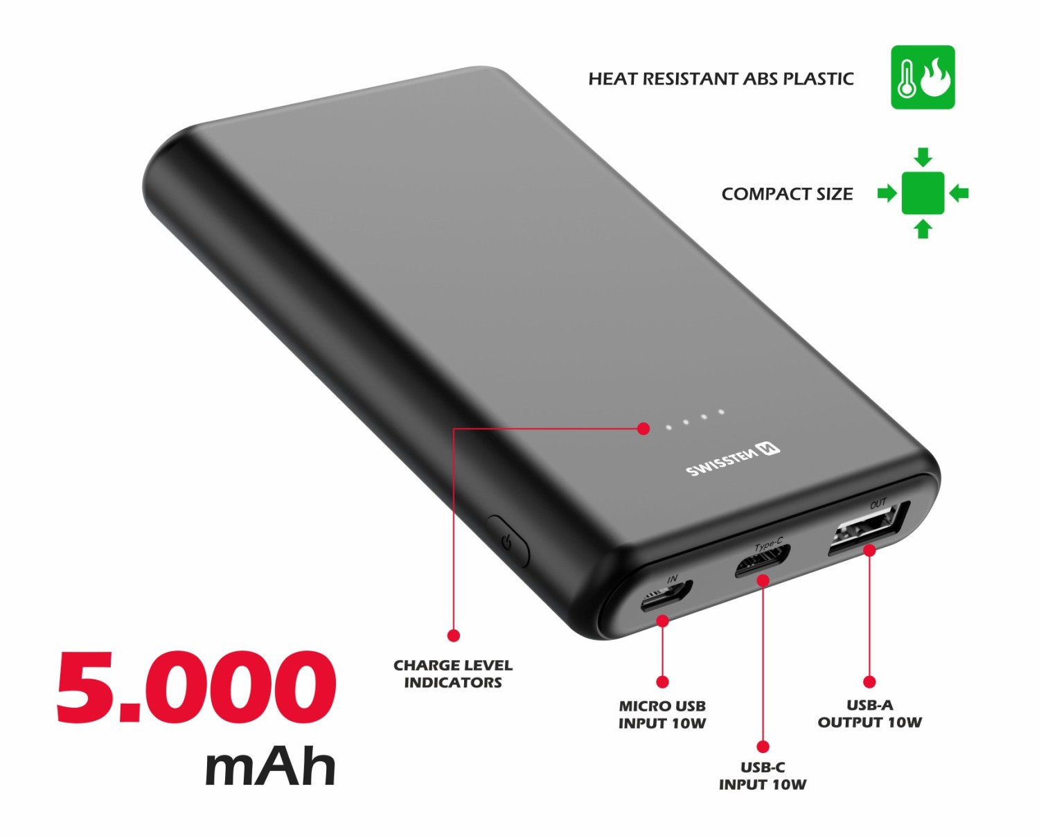Swissten Power Line 5000 mAh 10W černá