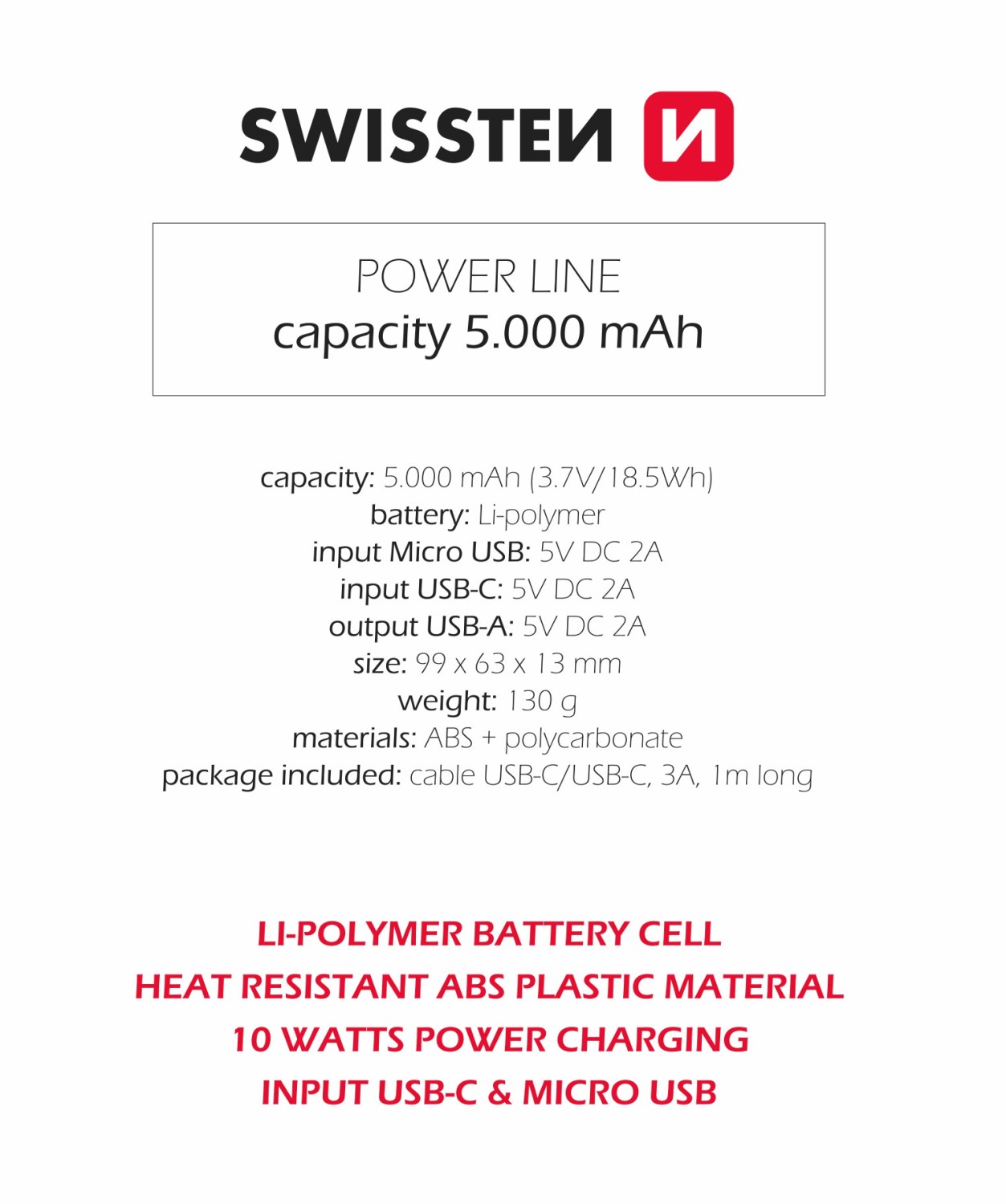 Swissten Power Line 5000 mAh 10W černá